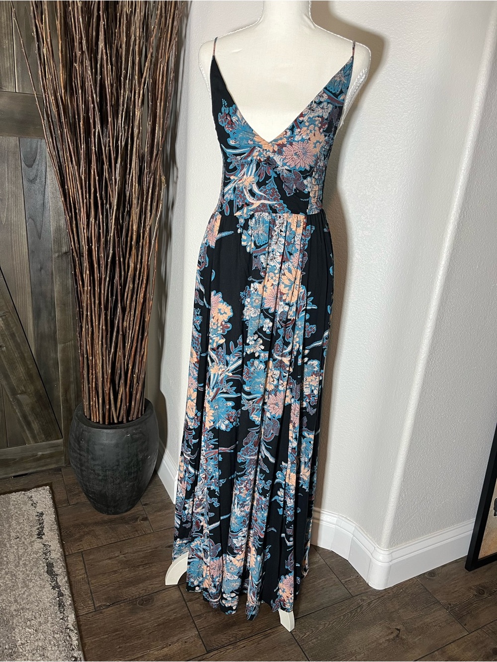 Free People Black Maxi Dress with Blue and Blush Floral Pattern
